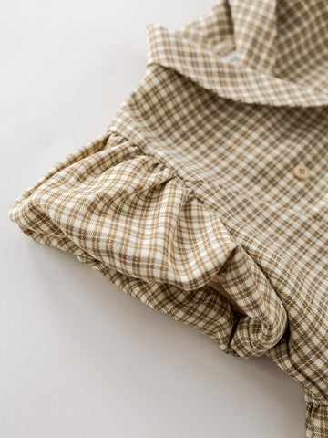 PrepCrw Young Girls Khaki Houndstooth Print Loose Double-Breasted Dress, Spring/Summer