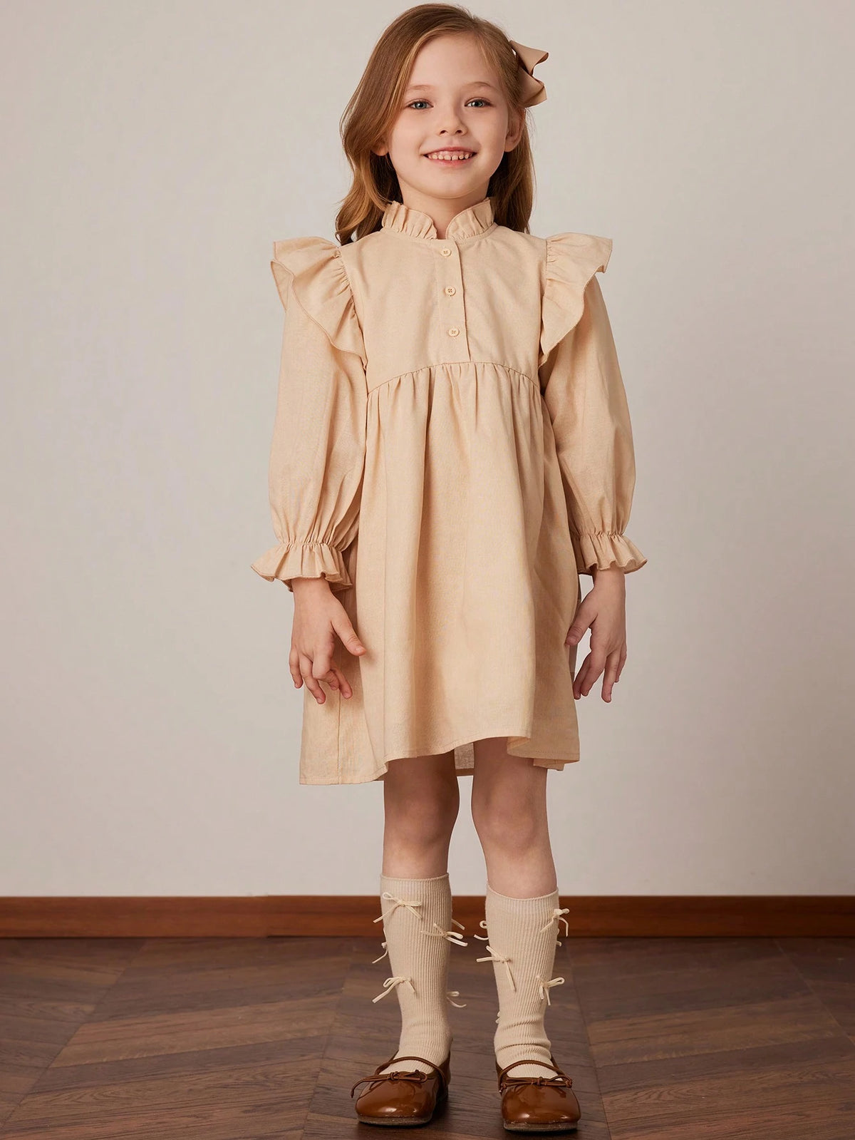 PrepCrw Young Girls Khaki Loose Ruffle Sleeve Dress, Spring/Summer