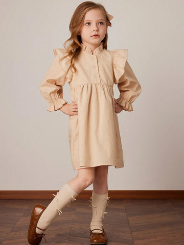 PrepCrw Young Girls Khaki Loose Ruffle Sleeve Dress, Spring/Summer