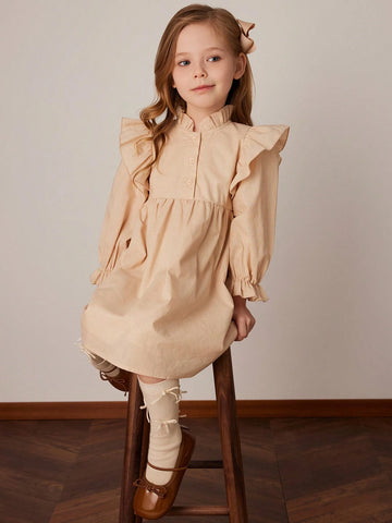 PrepCrw Young Girls Khaki Loose Ruffle Sleeve Dress, Spring/Summer