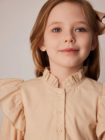 PrepCrw Young Girls Khaki Loose Ruffle Sleeve Dress, Spring/Summer