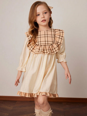 PrepCrw Young Girls Khaki Plaid Loose Ruffled Hem Decorative Dress, Spring/Summer
