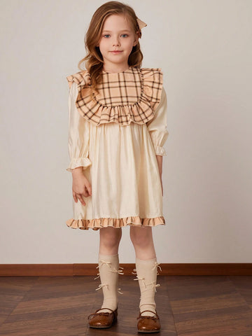PrepCrw Young Girls Khaki Plaid Loose Ruffled Hem Decorative Dress, Spring/Summer