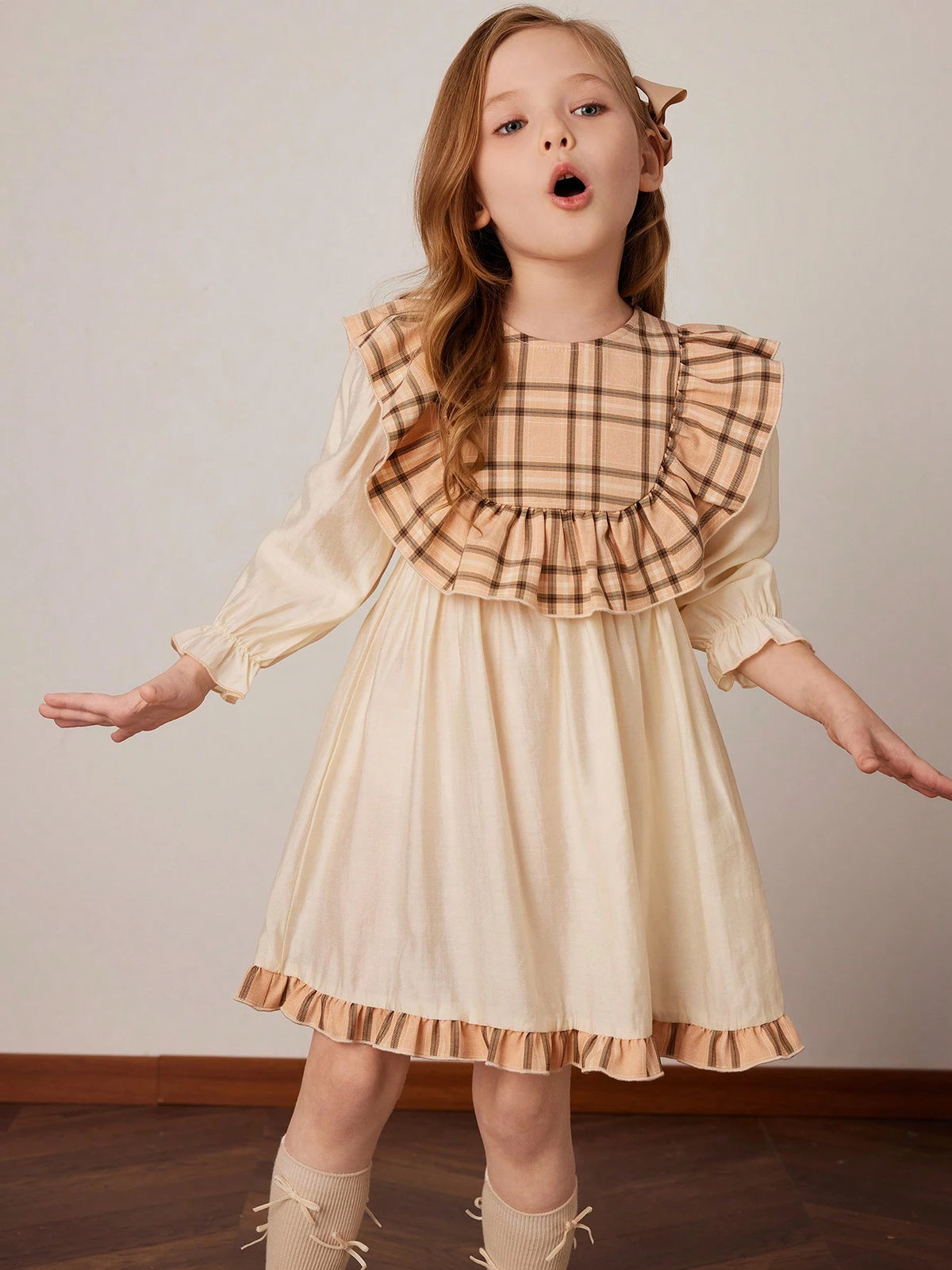PrepCrw Young Girls Khaki Plaid Loose Ruffled Hem Decorative Dress, Spring/Summer