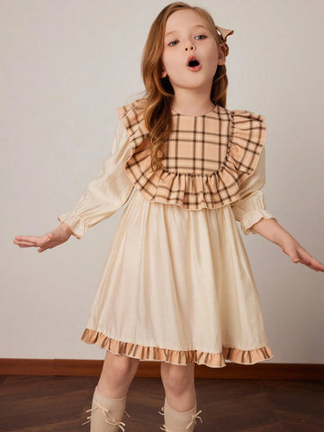 PrepCrw Young Girls Khaki Plaid Loose Ruffled Hem Decorative Dress, Spring/Summer