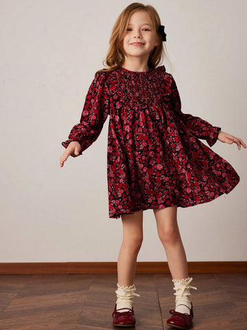 PrepCrw Young Girls' Loose Floral Print Round Neck Woven Dress, Red, Spring/Summer