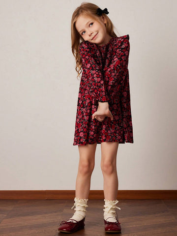 PrepCrw Young Girls' Loose Floral Print Round Neck Woven Dress, Red, Spring/Summer