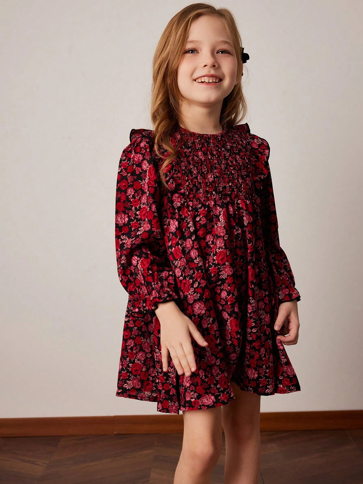 PrepCrw Young Girls' Loose Floral Print Round Neck Woven Dress, Red, Spring/Summer