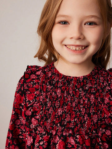 PrepCrw Young Girls' Loose Floral Print Round Neck Woven Dress, Red, Spring/Summer