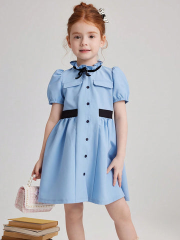 PrepCrw Young Girls' Navy Blue Adorned Bow Woven Fitted Front Button Puff Sleeve Dress, Collegiate Style For Autumn/Winter