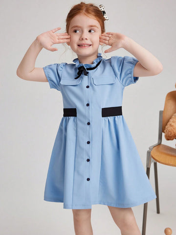 PrepCrw Young Girls' Navy Blue Adorned Bow Woven Fitted Front Button Puff Sleeve Dress, Collegiate Style For Autumn/Winter