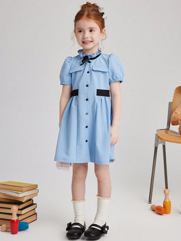 PrepCrw Young Girls' Navy Blue Adorned Bow Woven Fitted Front Button Puff Sleeve Dress, Collegiate Style For Autumn/Winter