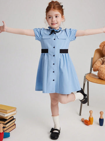 PrepCrw Young Girls' Navy Blue Adorned Bow Woven Fitted Front Button Puff Sleeve Dress, Collegiate Style For Autumn/Winter