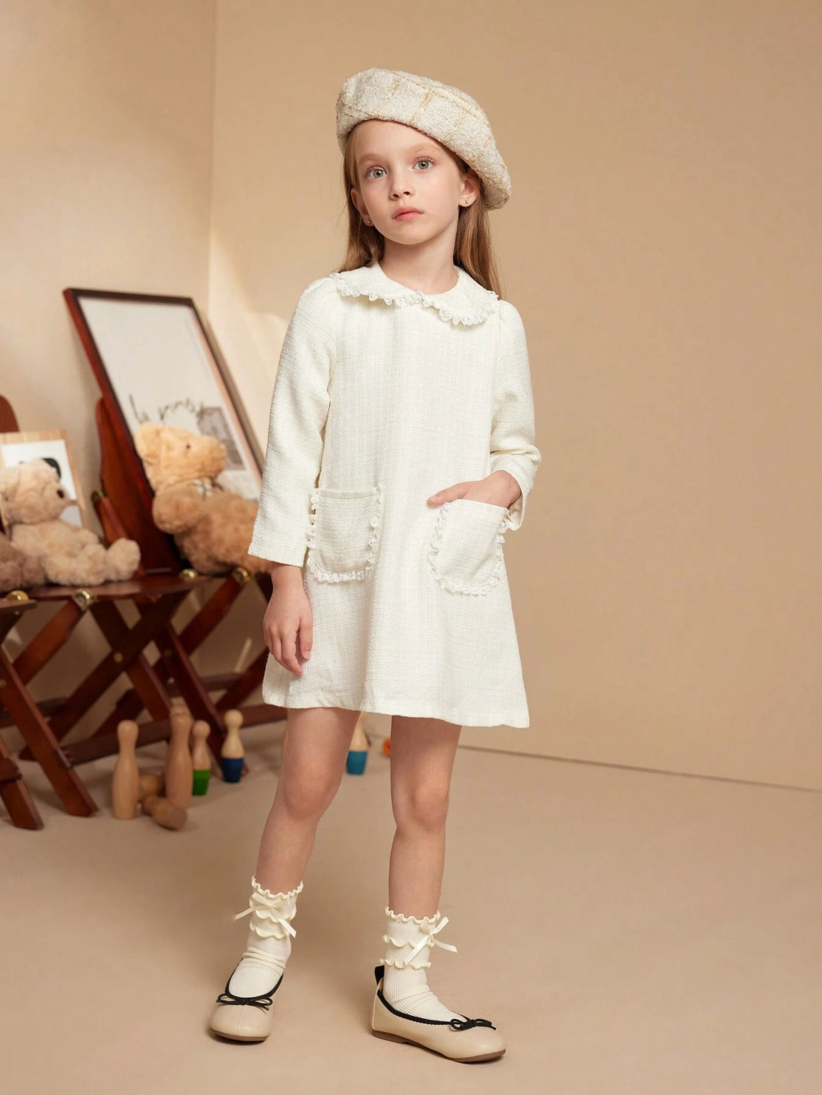 PrepCrw Young Girls Peter Pan Collar Pocket Autumn/Winter French Elegant Sweet Dresses