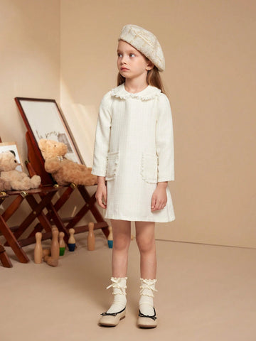 PrepCrw Young Girls Peter Pan Collar Pocket Autumn/Winter French Elegant Sweet Dresses