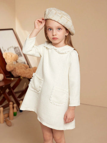 PrepCrw Young Girls Peter Pan Collar Pocket Autumn/Winter French Elegant Sweet Dresses