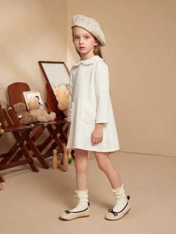 PrepCrw Young Girls Peter Pan Collar Pocket Autumn/Winter French Elegant Sweet Dresses