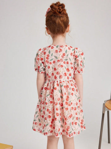 PrepCrw Young Girls' Pink Cherry Print Lace Knitted Cinched Waist A-Line Dress, Spring/Summer