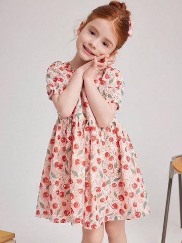 PrepCrw Young Girls' Pink Cherry Print Lace Knitted Cinched Waist A-Line Dress, Spring/Summer