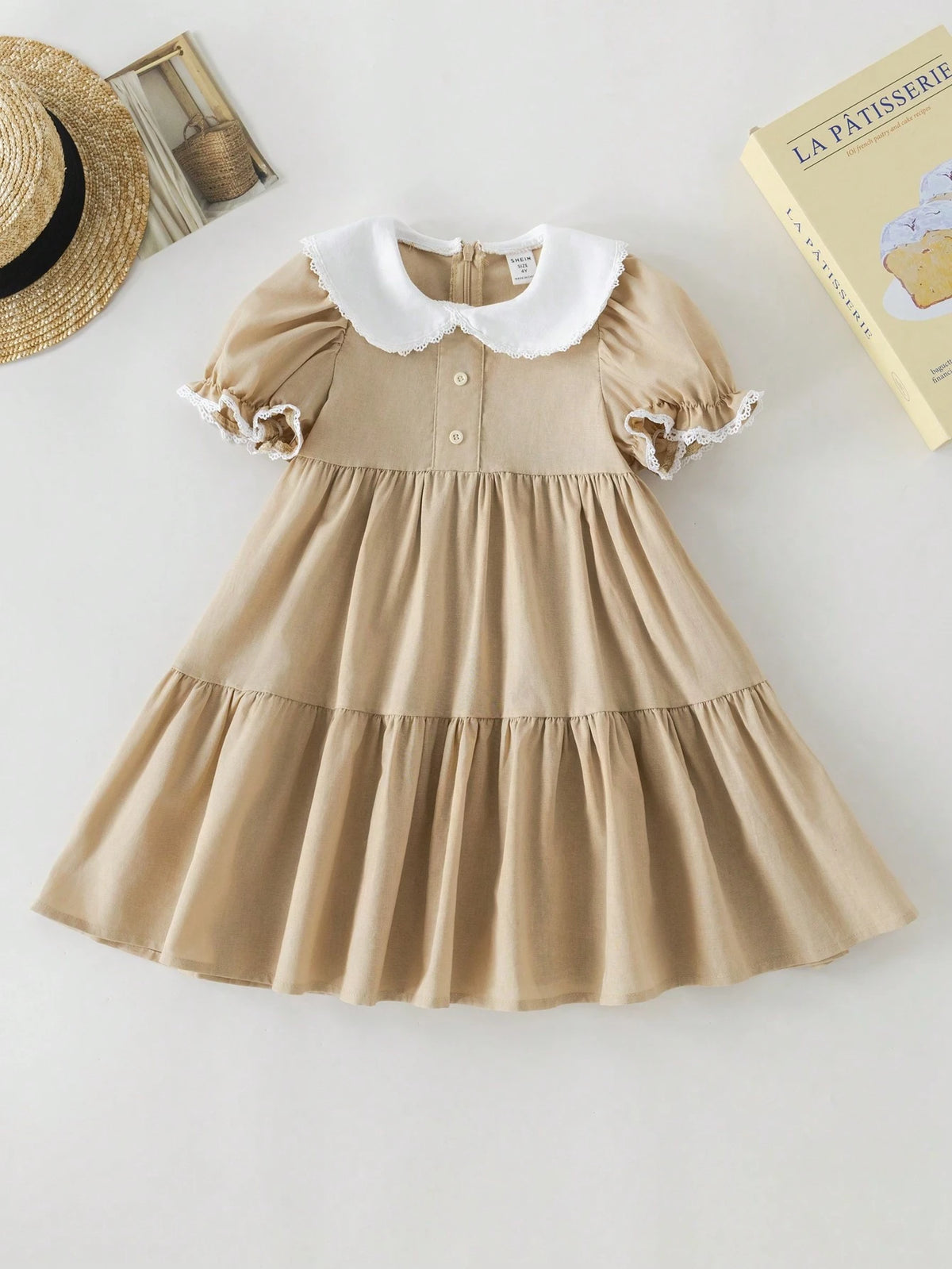 PrepCrw Young Girls' Pink Jacquard Weave Loose Fit Contrasting Collar Dress, Spring/Summer