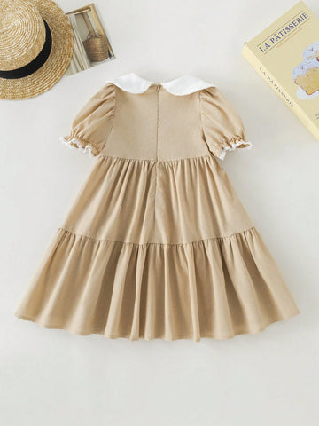 PrepCrw Young Girls' Pink Jacquard Weave Loose Fit Contrasting Collar Dress, Spring/Summer