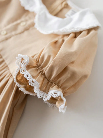 PrepCrw Young Girls' Pink Jacquard Weave Loose Fit Contrasting Collar Dress, Spring/Summer