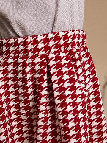 PrepCrw Young Girls' Plaid Knitted A-Line Midi Skirt, Casual College Style Red Houndstooth Pattern, Autumn Winter
