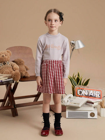 PrepCrw Young Girls' Plaid Knitted A-Line Midi Skirt, Casual College Style Red Houndstooth Pattern, Autumn Winter