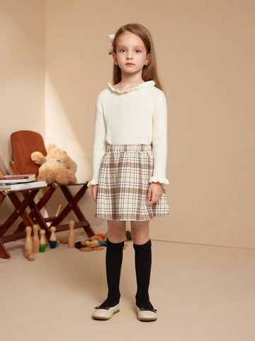 PrepCrw Young Girls Plaid Print Elastic Waist Elegant Skirt