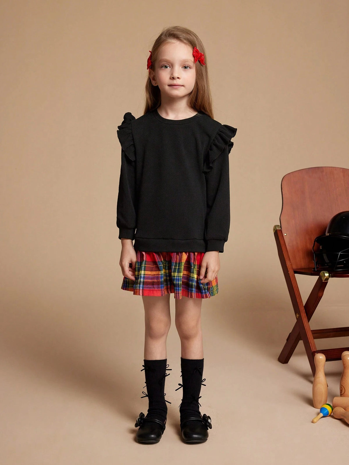 PrepCrw Young Girls Plaid Print Ruffled Hem Long Sleeve Dress
