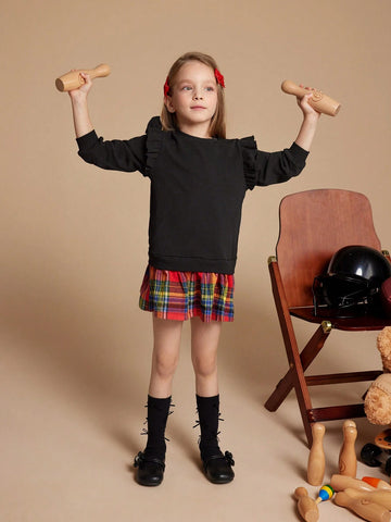 PrepCrw Young Girls Plaid Print Ruffled Hem Long Sleeve Dress