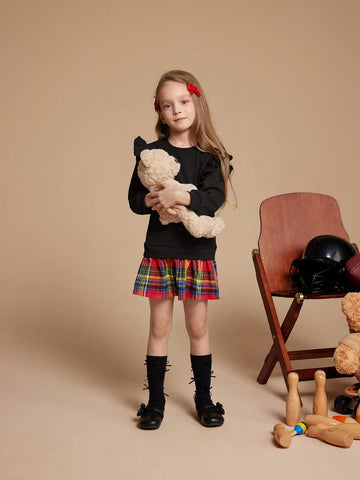 PrepCrw Young Girls Plaid Print Ruffled Hem Long Sleeve Dress