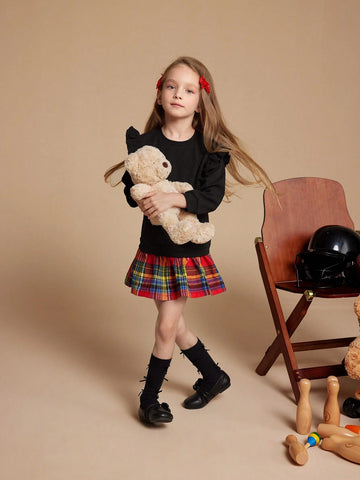 PrepCrw Young Girls Plaid Print Ruffled Hem Long Sleeve Dress