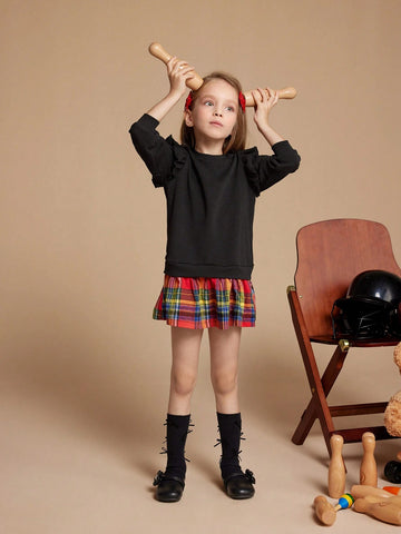 PrepCrw Young Girls Plaid Print Ruffled Hem Long Sleeve Dress