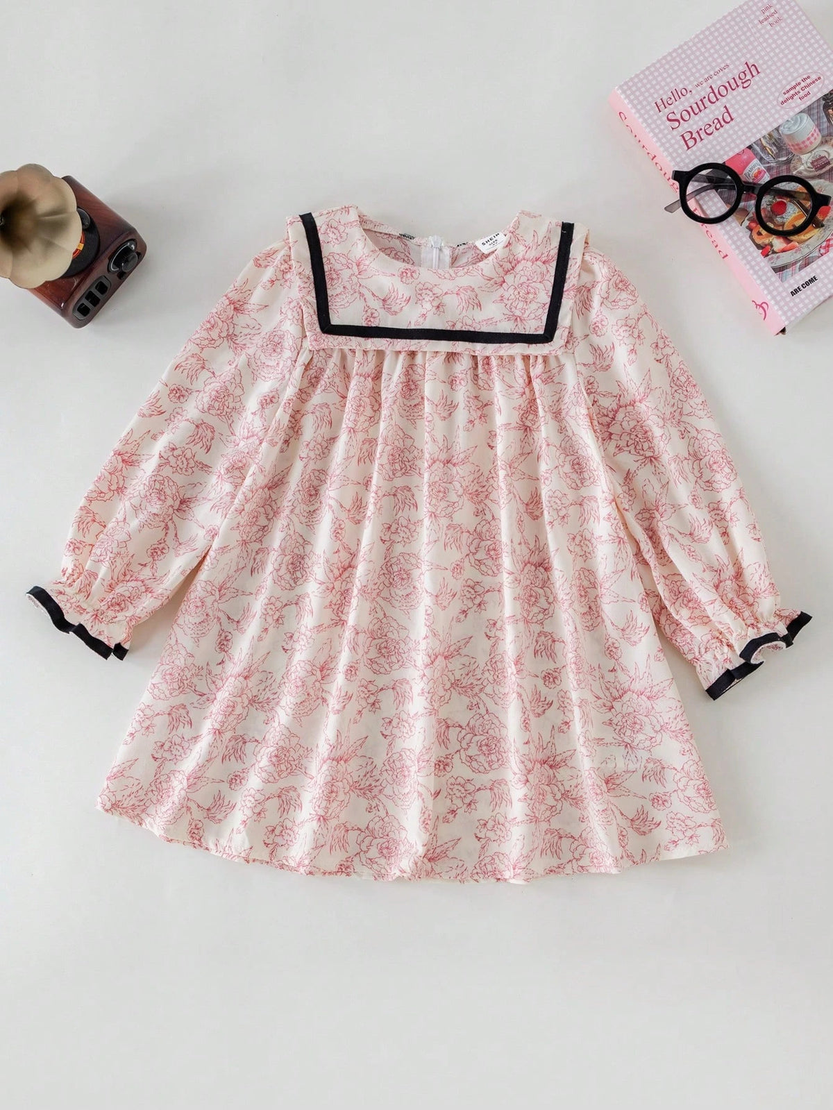 PrepCrw Young Girls Purple Floral Print Loose Woven Collared Dress, Spring/Summer