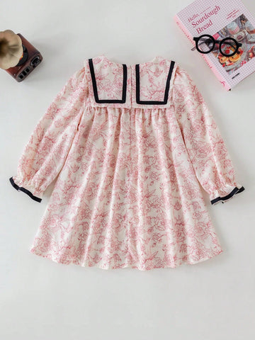 PrepCrw Young Girls Purple Floral Print Loose Woven Collared Dress, Spring/Summer