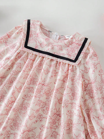 PrepCrw Young Girls Purple Floral Print Loose Woven Collared Dress, Spring/Summer