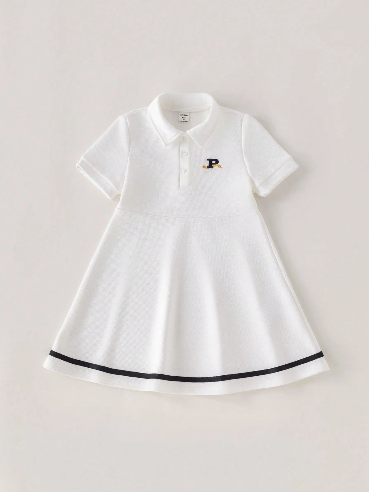 PrepCrw Young Girls School Style White Embroidered Letter Knit High Waist A-Line Collared Half-Open Hem Dress, Spring/Autumn