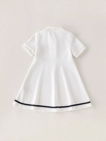 PrepCrw Young Girls School Style White Embroidered Letter Knit High Waist A-Line Collared Half-Open Hem Dress, Spring/Autumn