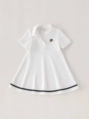 PrepCrw Young Girls School Style White Embroidered Letter Knit High Waist A-Line Collared Half-Open Hem Dress, Spring/Autumn
