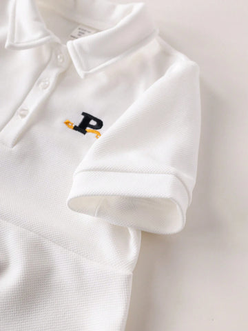 PrepCrw Young Girls School Style White Embroidered Letter Knit High Waist A-Line Collared Half-Open Hem Dress, Spring/Autumn