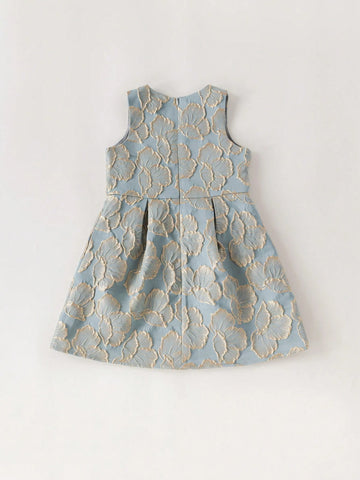 PrepCrw Young Girls' Spring/Summer Blue Jacquard Weave School Style Waist Gathered A-Line Round Neck Dress