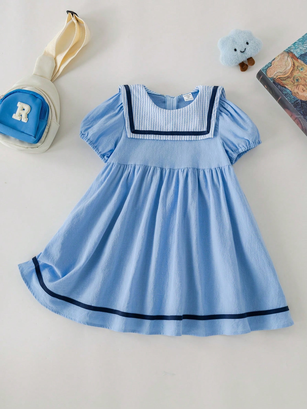 PrepCrw Young Girls' Spring/Summer Blue Striped Collar Loose Woven Dress, College Style