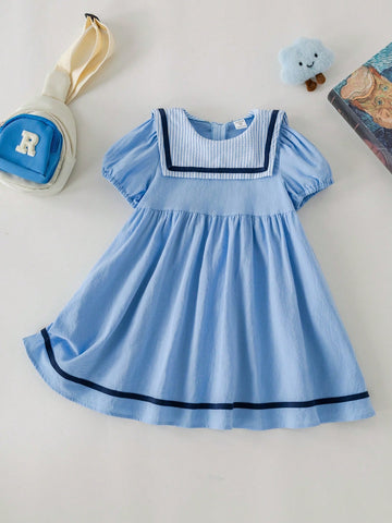 PrepCrw Young Girls' Spring/Summer Blue Striped Collar Loose Woven Dress, College Style