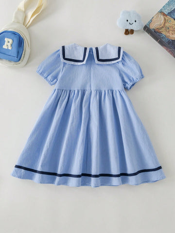 PrepCrw Young Girls' Spring/Summer Blue Striped Collar Loose Woven Dress, College Style