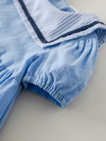 PrepCrw Young Girls' Spring/Summer Blue Striped Collar Loose Woven Dress, College Style