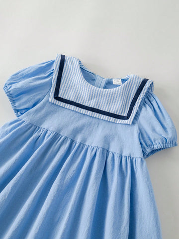 PrepCrw Young Girls' Spring/Summer Blue Striped Collar Loose Woven Dress, College Style