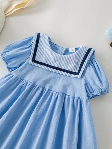 PrepCrw Young Girls' Spring/Summer Blue Striped Collar Loose Woven Dress, College Style