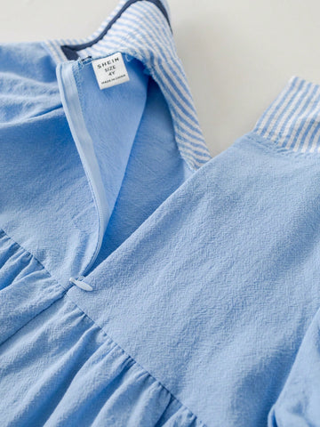 PrepCrw Young Girls' Spring/Summer Blue Striped Collar Loose Woven Dress, College Style