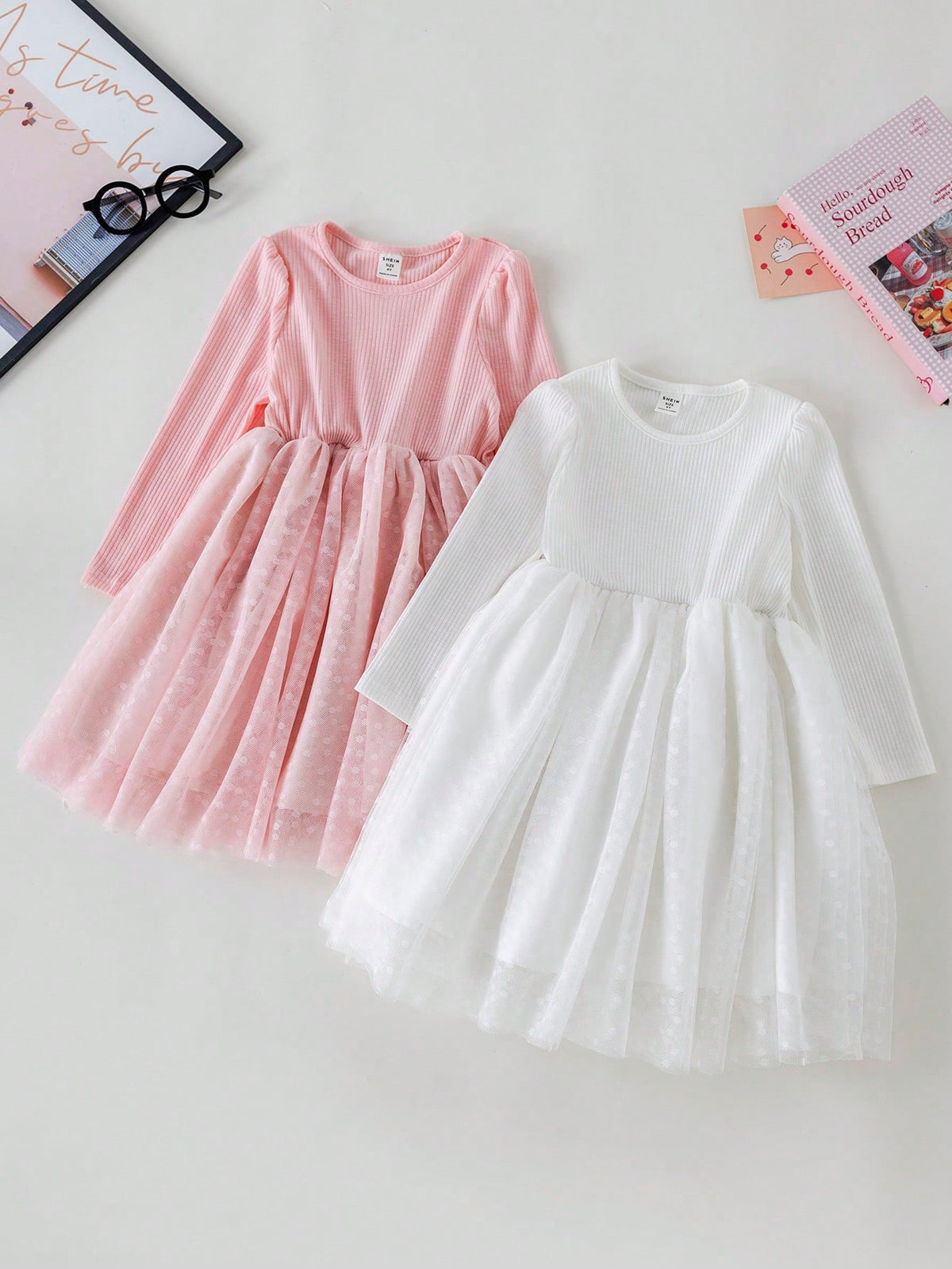 PrepCrw Young Girls Spring/Summer White/Pink Academic Style Knit & Mesh Waist Shaping A-Line Round Neck Dress/Set